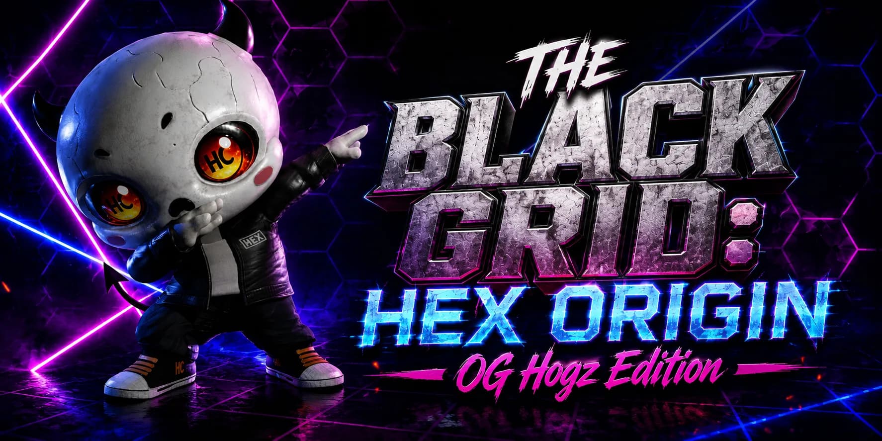 The Black Grid Hex Origin banner with Hex and neon grid lights.