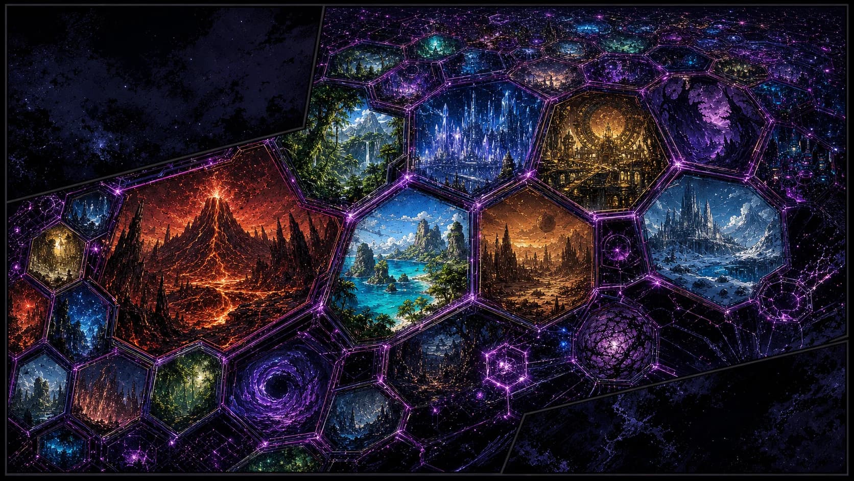 A comic spread of The Black Grid as countless interconnected Hex realities including fire, crystal, jungle, desert, frozen, ruined, and corrupted sectors.
