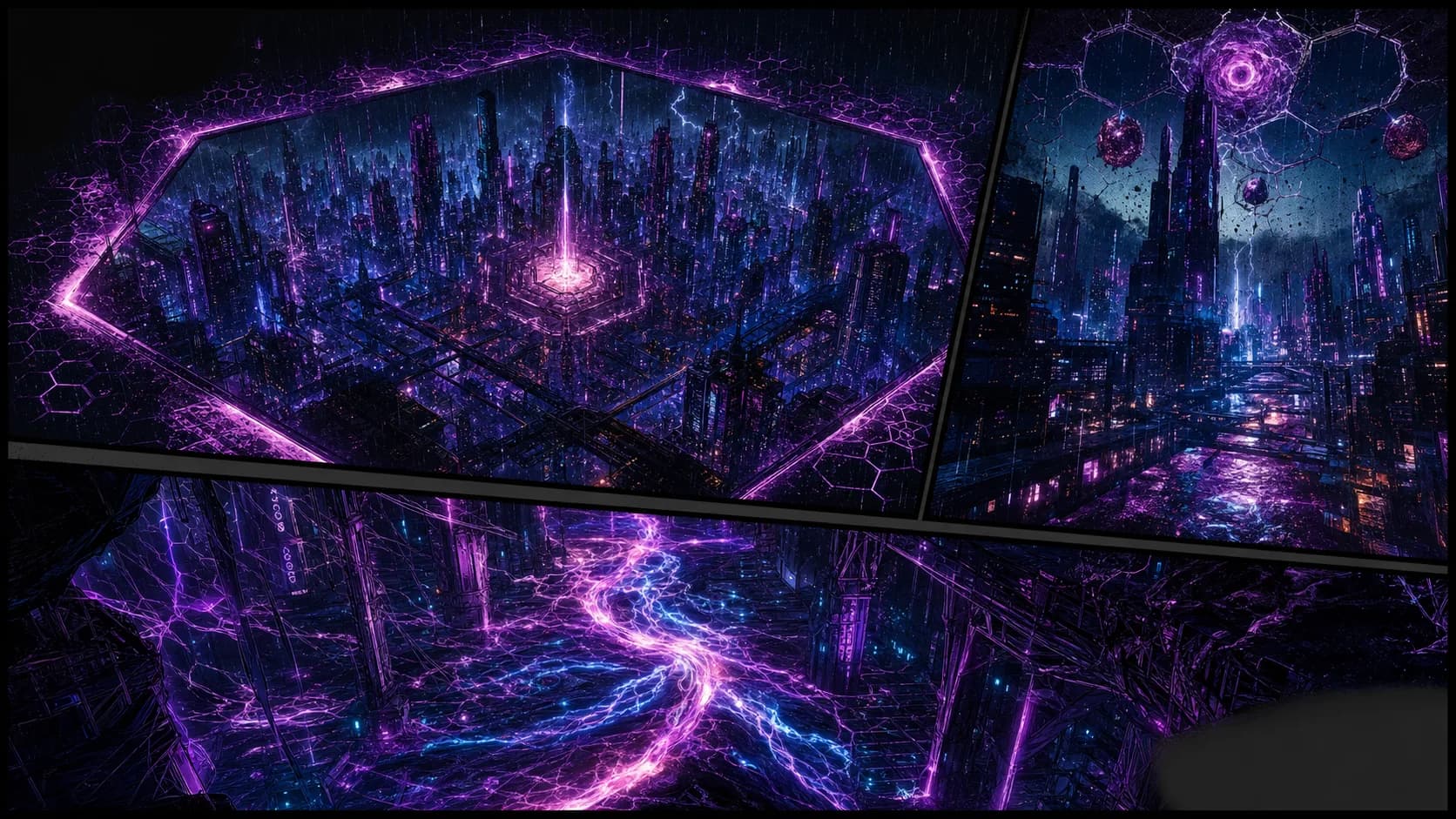 A comic spread establishing Nythera as a neon urban Hex with fractured skies, rain, hidden Grid structures, and an ancient dimensional artery beneath it.
