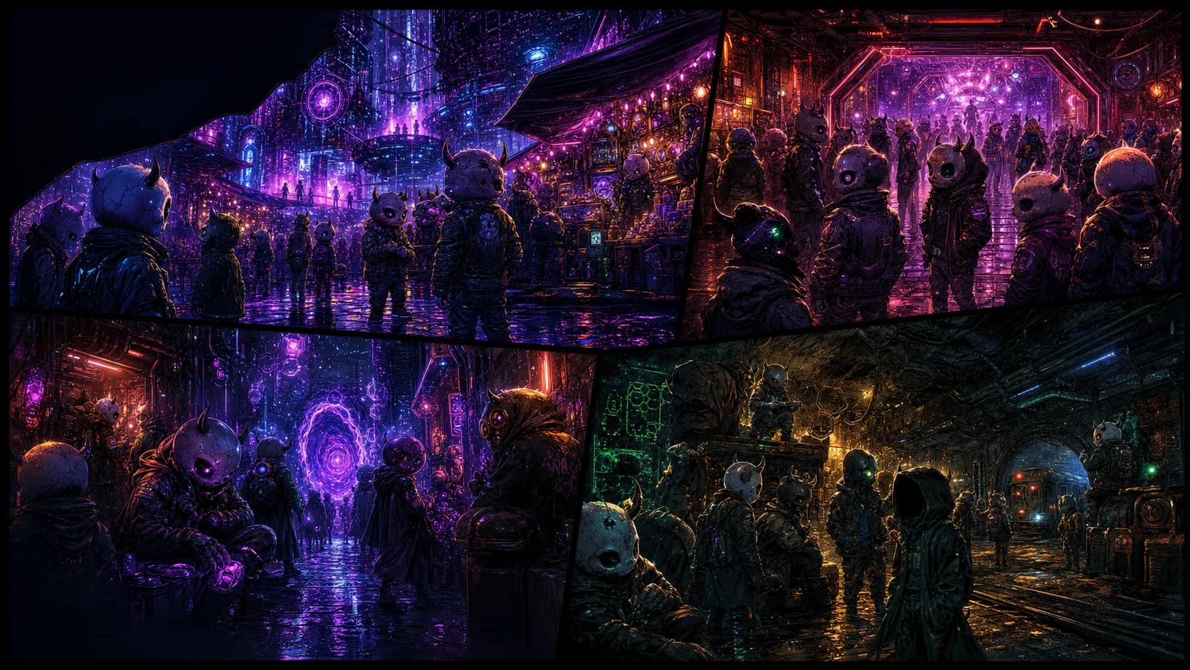 A crowded comic spread of Vanta City with neon black markets, underground factions, hidden portals, outlaw tech, arcades, and rain-slick alleys.