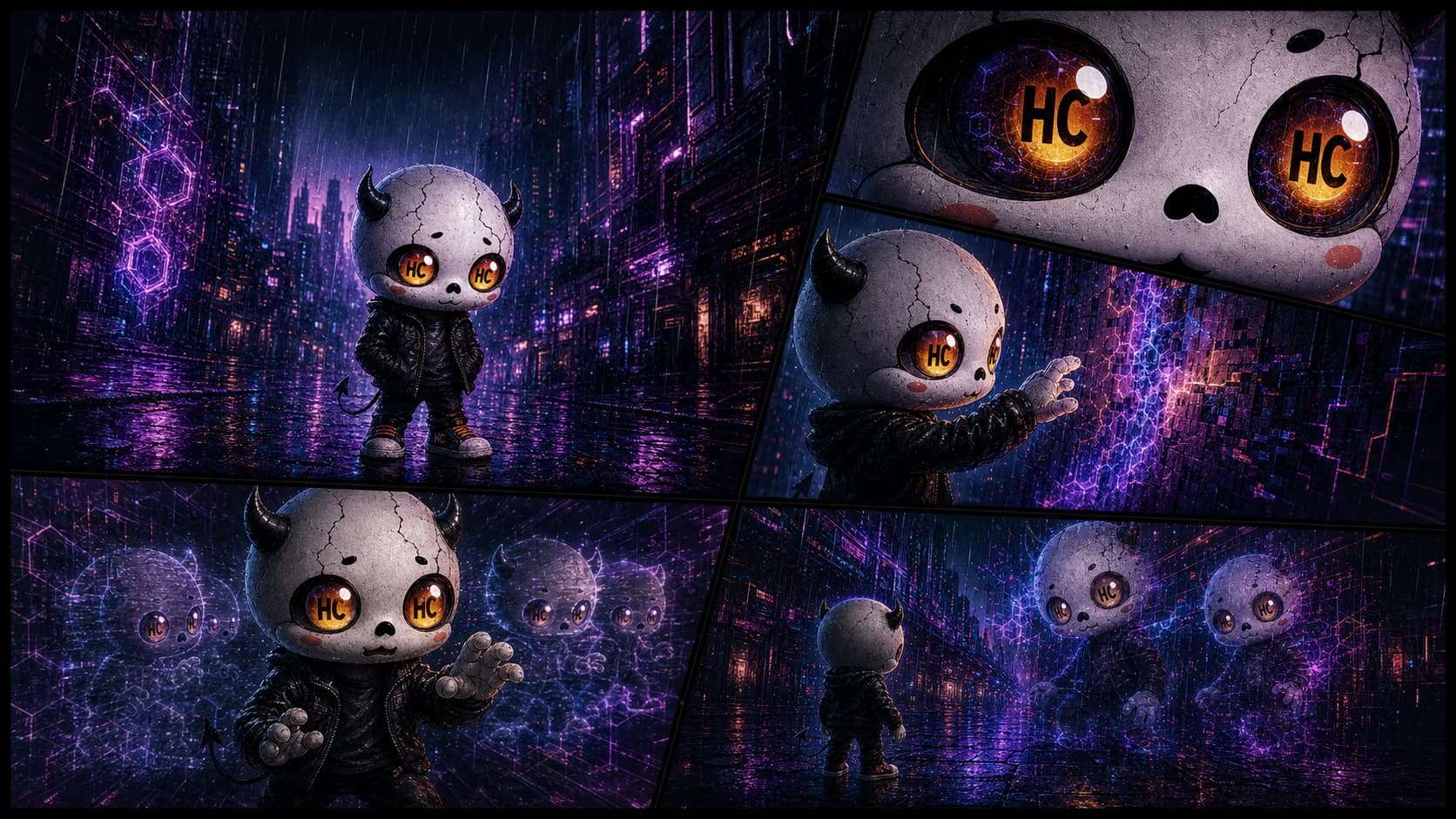 A comic spread of Hex in rainy Vanta City as dimensional echoes and fractured Grid geometry begin appearing around him.