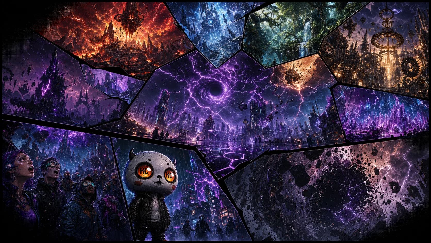 A comic spread of the First Fracture as skies crack, worlds overlap, sectors vanish, and Hex witnesses the Grid-Hex 66 event.