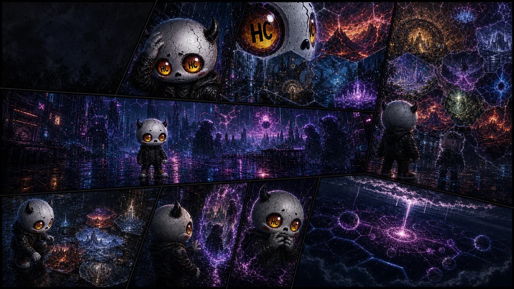 A comic spread of Hex after the First Fracture experiencing visions, dimensional echoes, impossible memories, and a mysterious signal beneath the Grid.